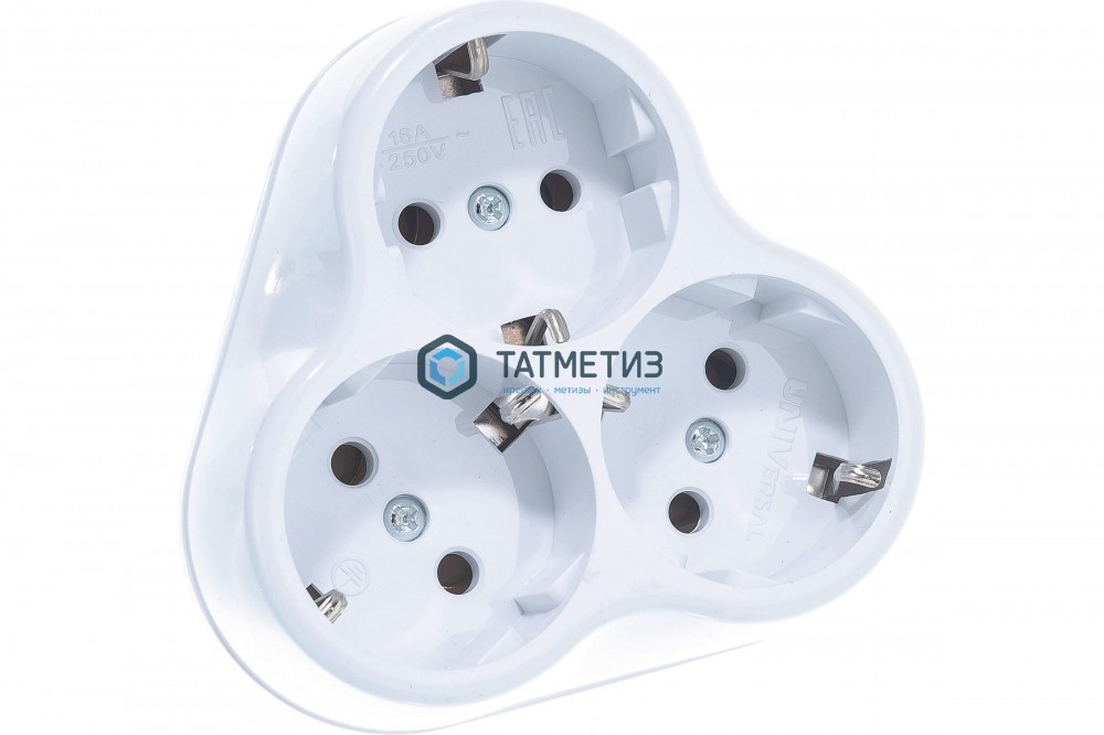 Тройник на 3 гнезда с заземлением круглый 16А Универсал Тройник на 3 гнезда с заземлением круглый 16А Универсал