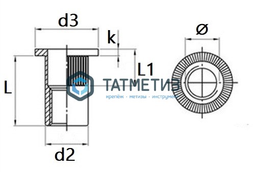 Заклепка-гайка с цил бортом и насечками А2 М 8 х 18,5 Заклепка-гайка с цил бортом и насечками А2 М 8 х 18,5